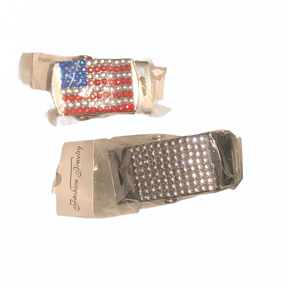USA FLAG & CLEAR CRYSTAL INTERCHANGEABLE BELT BUCKLES WITH BLACK CANVAS BELT